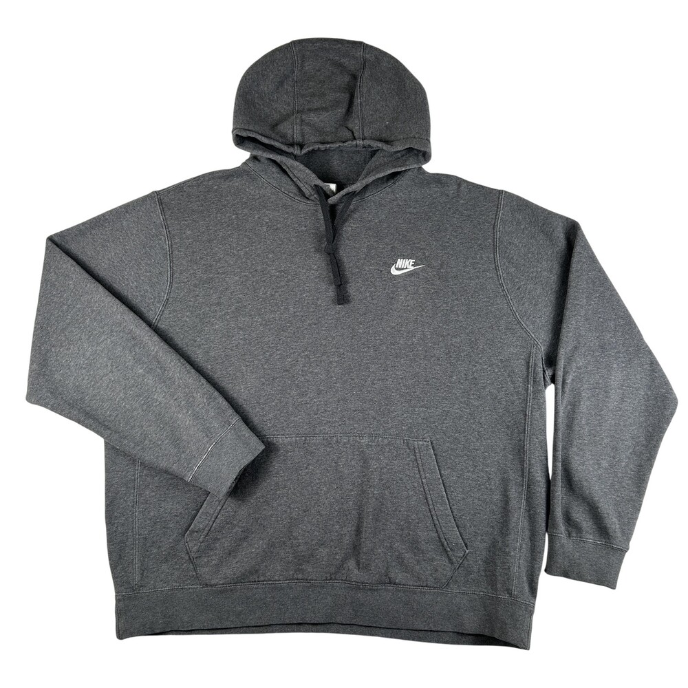 Nike Hoodie Mens XLT Gray Pullover Fleece Sweatshirt Small Swoosh Chest Logo